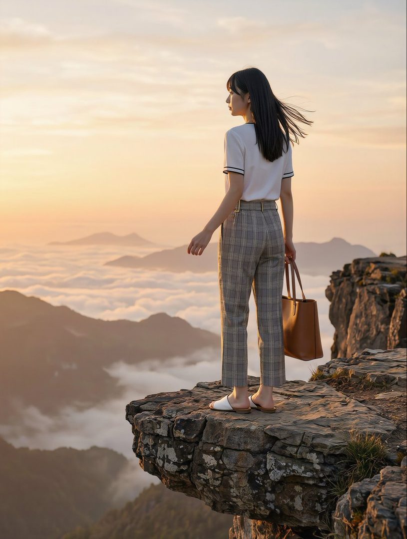 A young woman with long black hair stands on a cliff edge, looking out at a stunning mountain landscape with clouds below during golden hour.