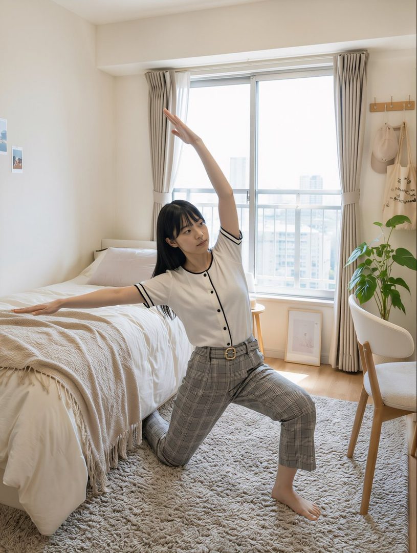 A young woman with long black hair and bangs is stretching in a bright bedroom, wearing a white blouse and plaid pants.