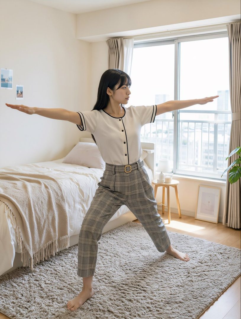 A young woman with long black hair is doing a yoga pose in a bright bedroom, wearing a white short-sleeved top and plaid pants.