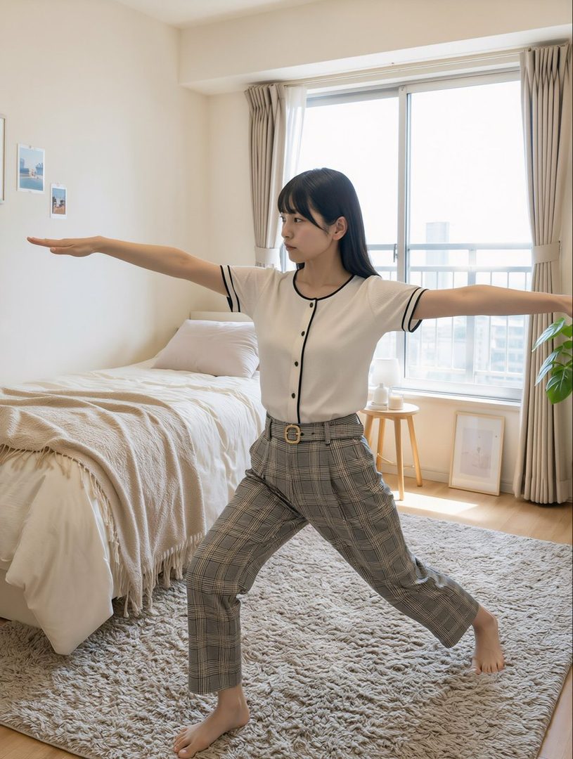 A young woman with black hair in a white top and plaid pants is doing a yoga pose in a bright bedroom.