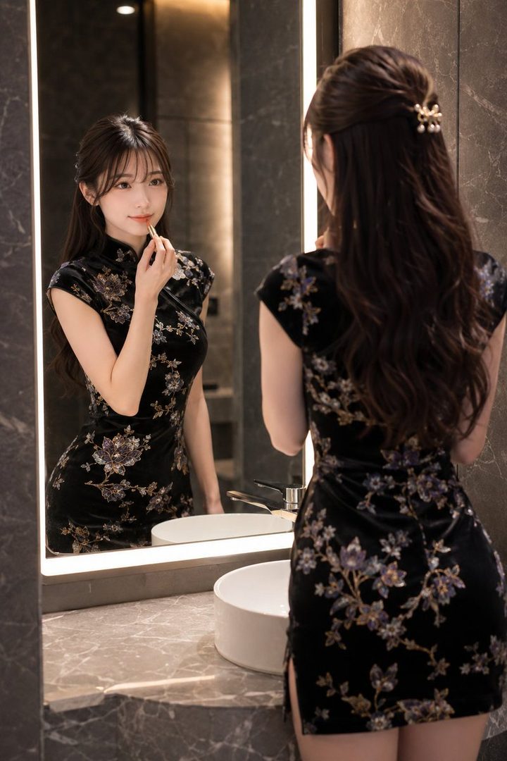 A young woman in a black floral cheongsam applies lipstick while looking into a mirror in a modern bathroom.
