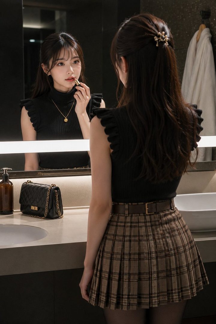 A young woman with long dark hair and a black top applies lipstick in a mirror in a modern bathroom.