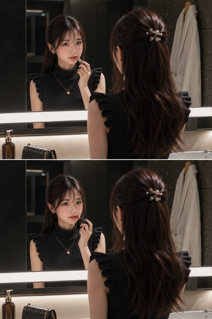 A woman with long brown hair and a black ruffled top applies lipstick while looking in a mirror in a modern bathroom.