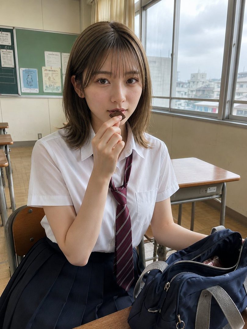 A young woman in a school uniform sits at a desk in a classroom, eating a piece of chocolate.