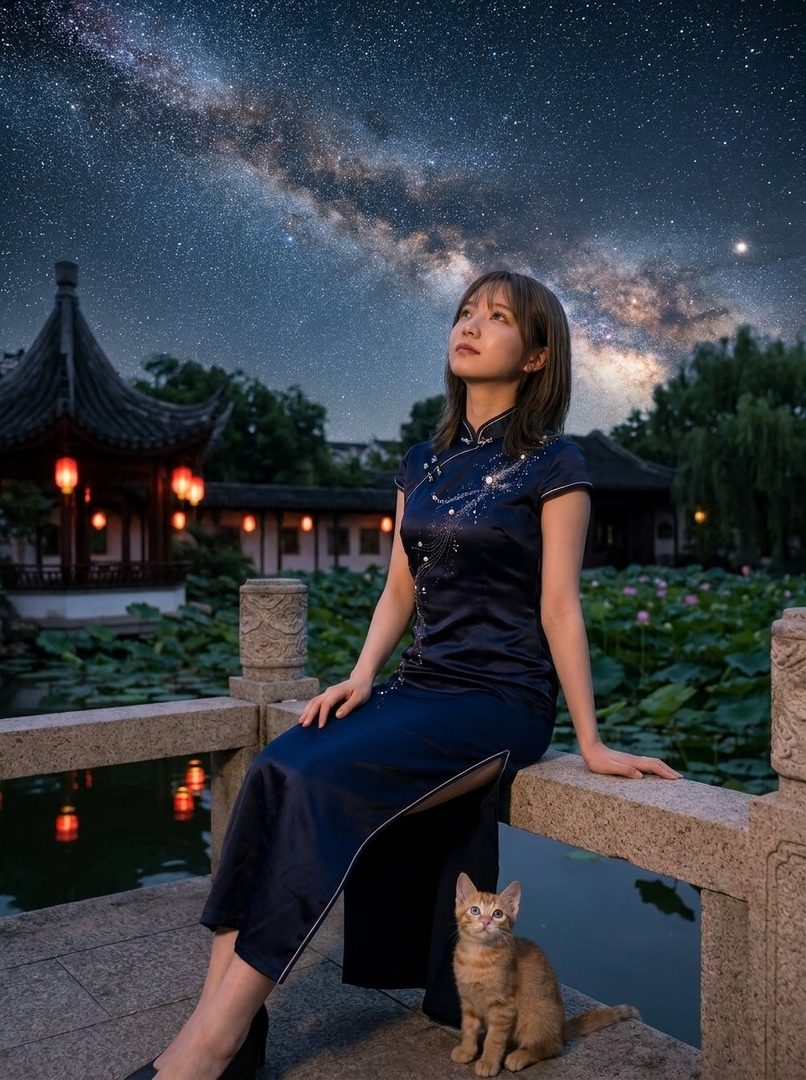A woman in a traditional Chinese dress sits on a stone bridge at night, looking up at the Milky Way, with a small cat beside her.