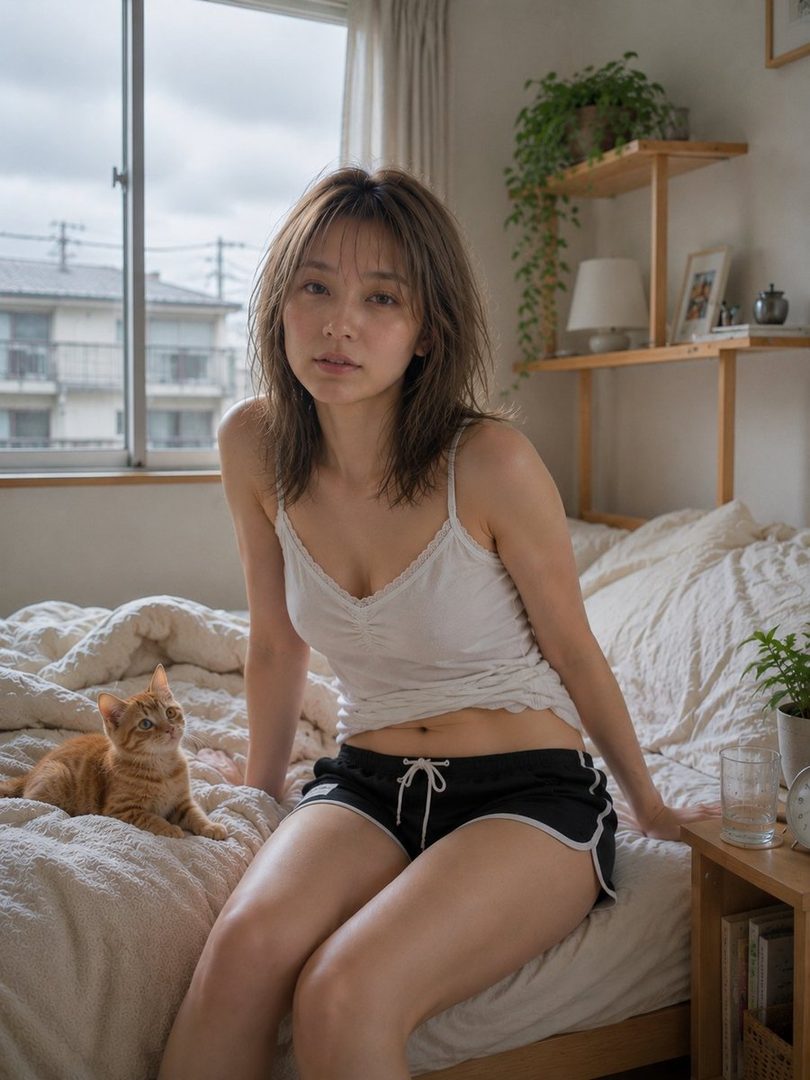 A young woman with short brown hair sits on a bed next to an orange cat, wearing a white camisole and black shorts, looking towards the camera.