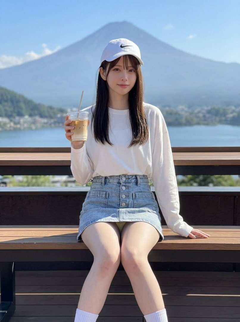 A young woman in a white long-sleeve shirt and denim skirt sits outdoors with a mountain and lake in the background, holding a drink.