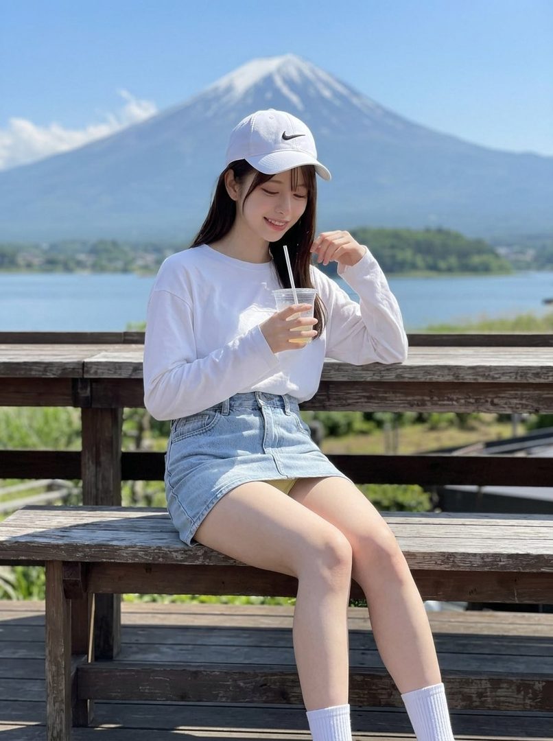 A young woman in a white long-sleeve shirt, denim skirt, and white cap sits on a wooden bench, holding a drink with Mount Fuji and a lake in the background.