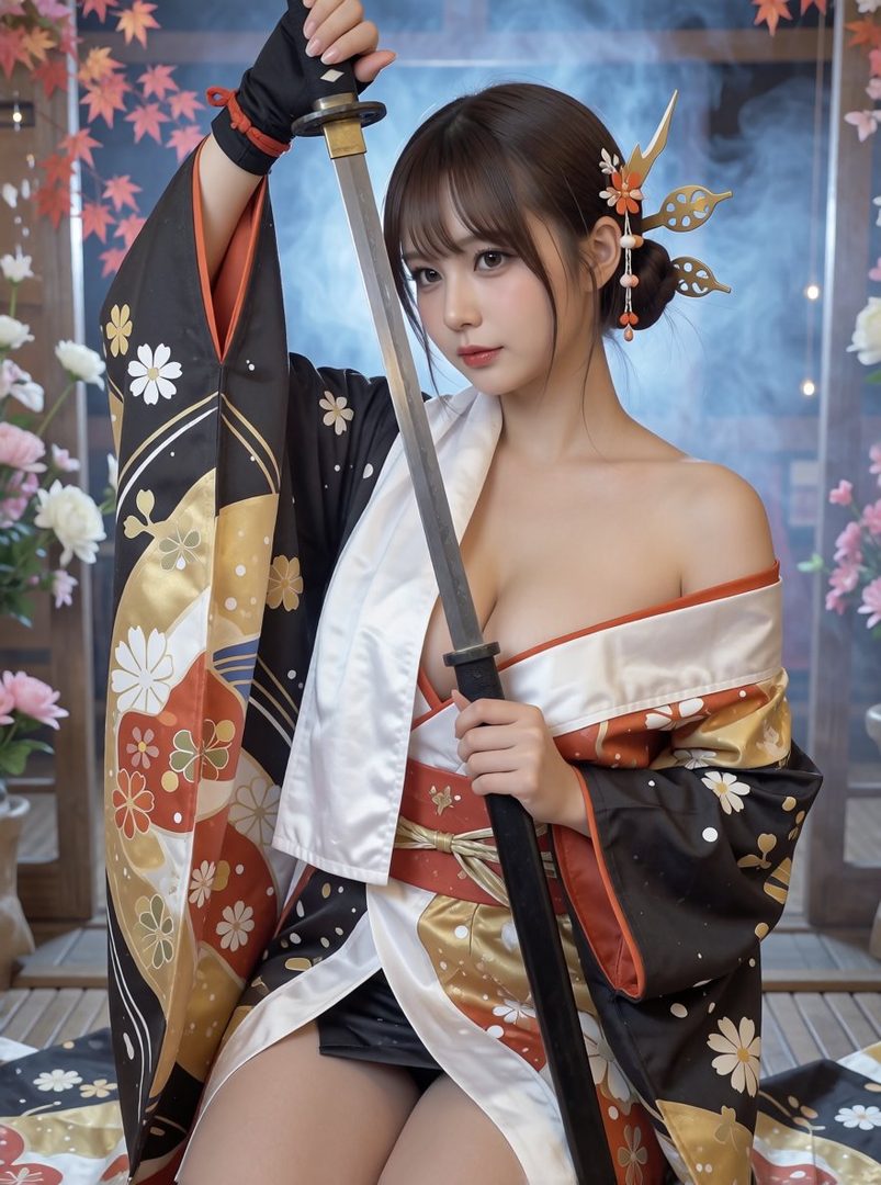 A woman in a traditional Japanese kimono holds a katana sword, looking alluringly at the camera.