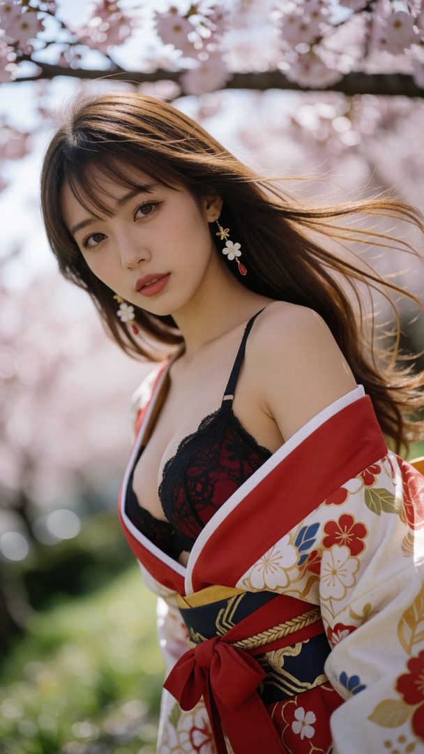 A woman in a kimono with a black lace bra visible poses outdoors under cherry blossoms.