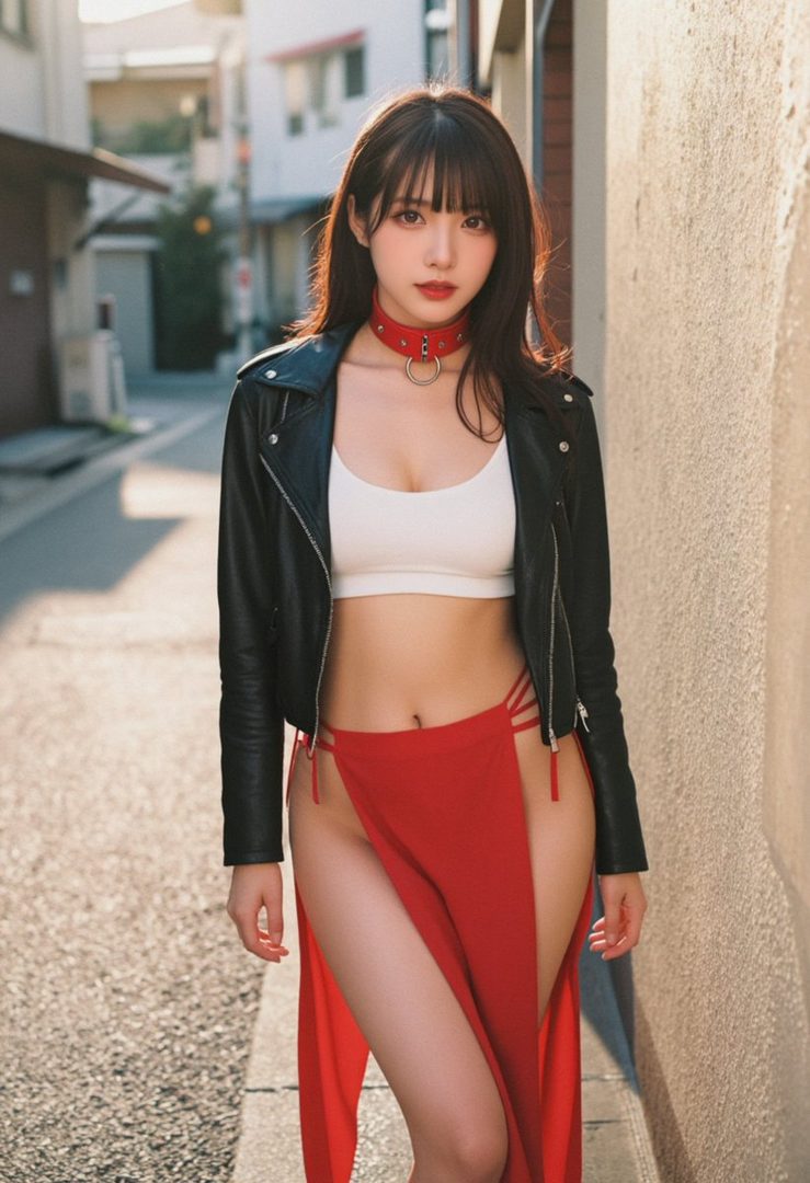 A photorealistic portrait of a woman with long brown hair and bangs, wearing a black leather jacket, white crop top, and a red skirt with high slits, standing on a street.