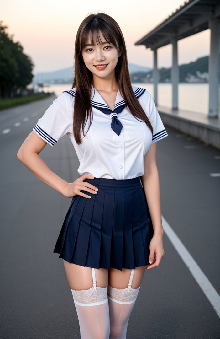 A young woman in a Japanese school uniform with a pleated skirt and white thigh-high stockings stands on a road by the water.