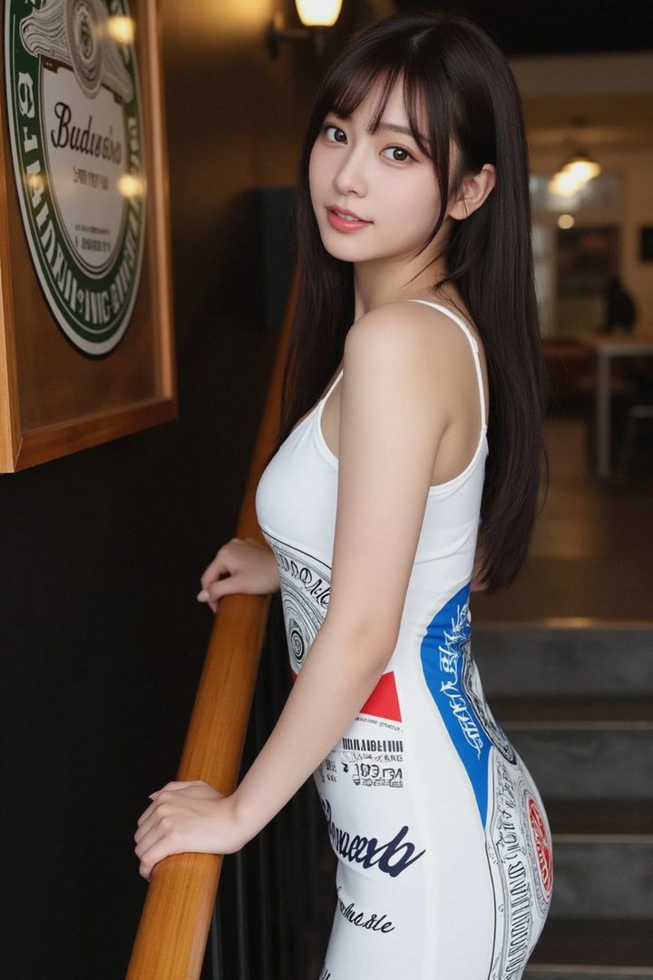 A photorealistic portrait of a young woman with long black hair and bangs, wearing a white bodycon dress with Budweiser branding, standing indoors next to a wooden railing.