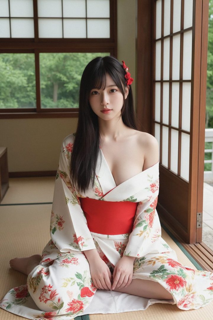 A beautiful woman with long black hair and a floral kimono sits indoors on a tatami mat, looking at the camera.