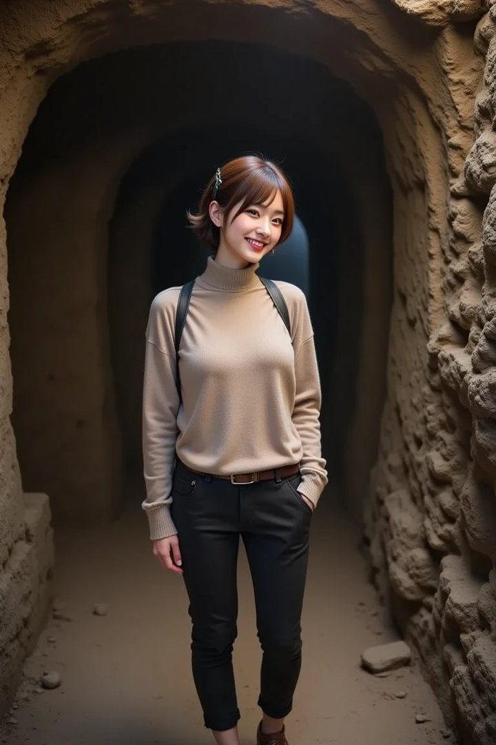 A smiling woman with short brown hair and a beige turtleneck sweater stands in a dimly lit, earthy tunnel.