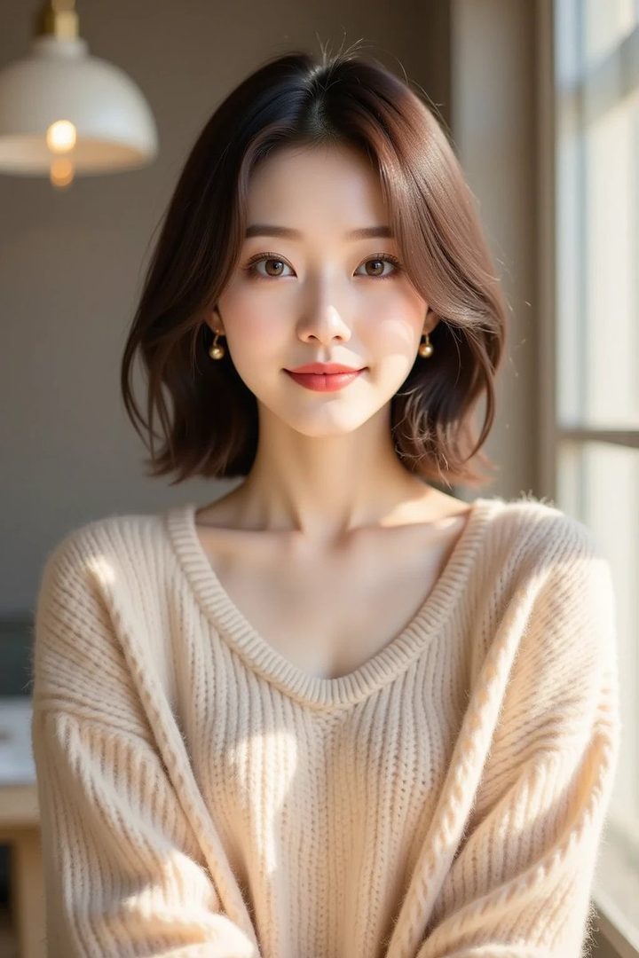 A photorealistic portrait of a young East Asian woman with short brown hair, wearing a light-colored sweater, smiling gently indoors with soft lighting.