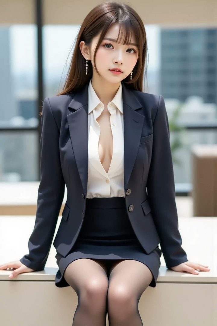 A photorealistic AI-generated image of a young woman with long brown hair and bangs, wearing a dark suit jacket, white blouse, and skirt, sitting indoors.