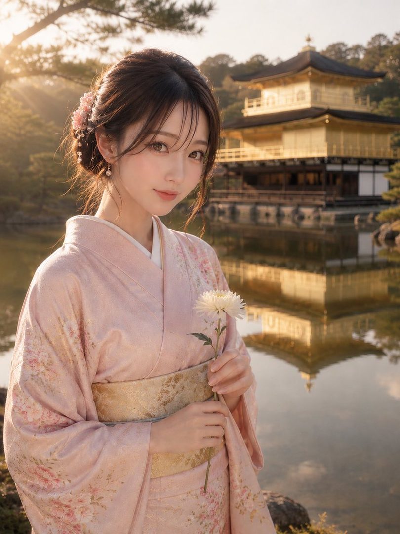 A beautiful woman in a pink kimono holds a white flower in front of the golden Kinkaku-ji temple at sunset.