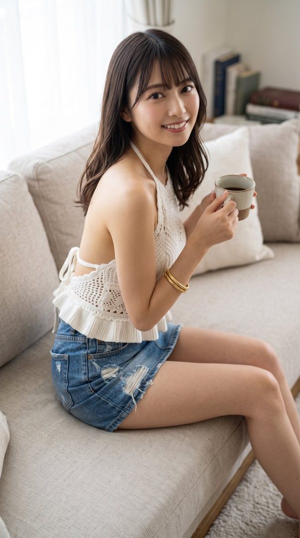 A young woman with long brown hair and bangs, wearing a white crochet top and denim shorts, sits on a sofa and smiles while holding a cup.