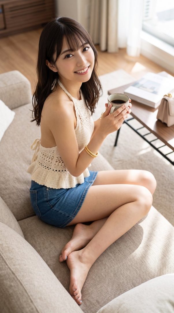 A young woman with long black hair and bangs, wearing a white crochet top and a denim mini-skirt, sits on a sofa indoors, holding a cup of coffee and smiling at the camera.