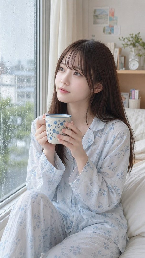 A young woman in light blue floral pajamas sits by a window, holding a mug and looking out at the rainy weather.