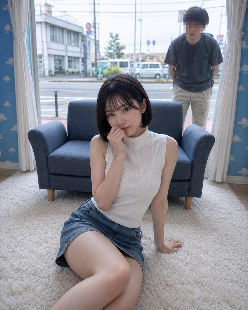 A young woman with short black hair and bangs sits on a white rug in a casual white top and denim skirt, looking at the camera. A blurred man stands behind her by a large window overlooking a street.