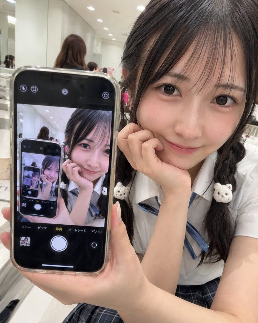 A cute East Asian girl in a school uniform takes a selfie in a mirror, holding up her phone which shows a recursive image of her taking the selfie.
