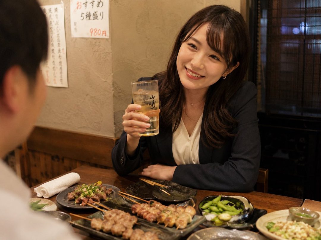 A smiling Japanese woman in a suit jacket holds a drink at a restaurant table with food.