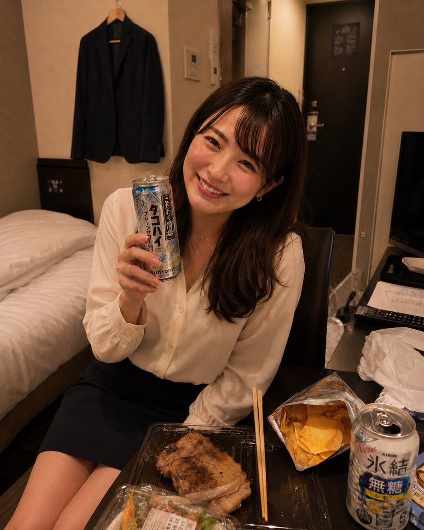 A smiling woman in a white blouse and black skirt holds a can of drink in an indoor setting with food on a table.