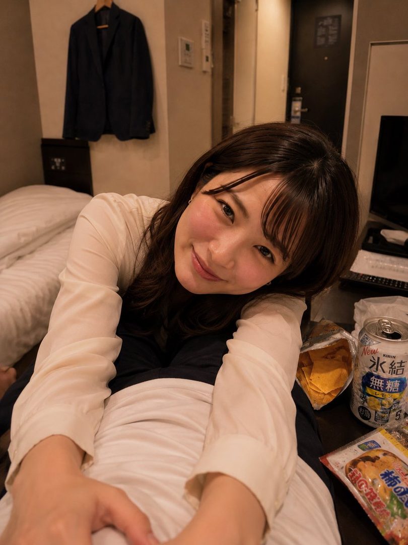 A young woman with long brown hair and bangs smiles at the camera while lying down indoors, wearing a light-colored blouse.
