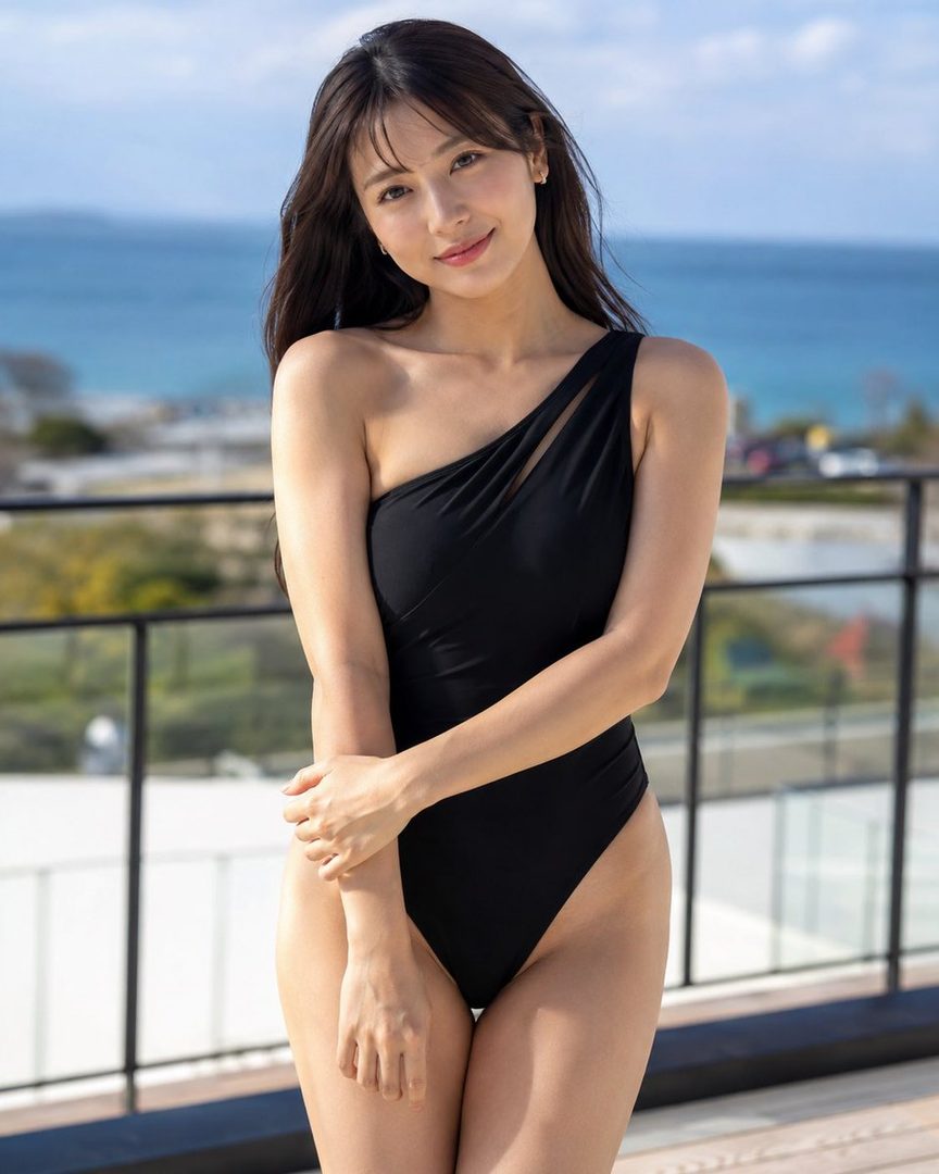 A beautiful woman in a black one-shoulder swimsuit poses outdoors with a sea view in the background.