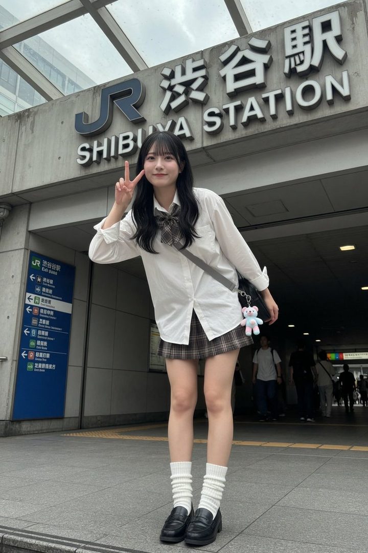 A young woman in a school uniform poses with a peace sign in front of Shibuya Station.