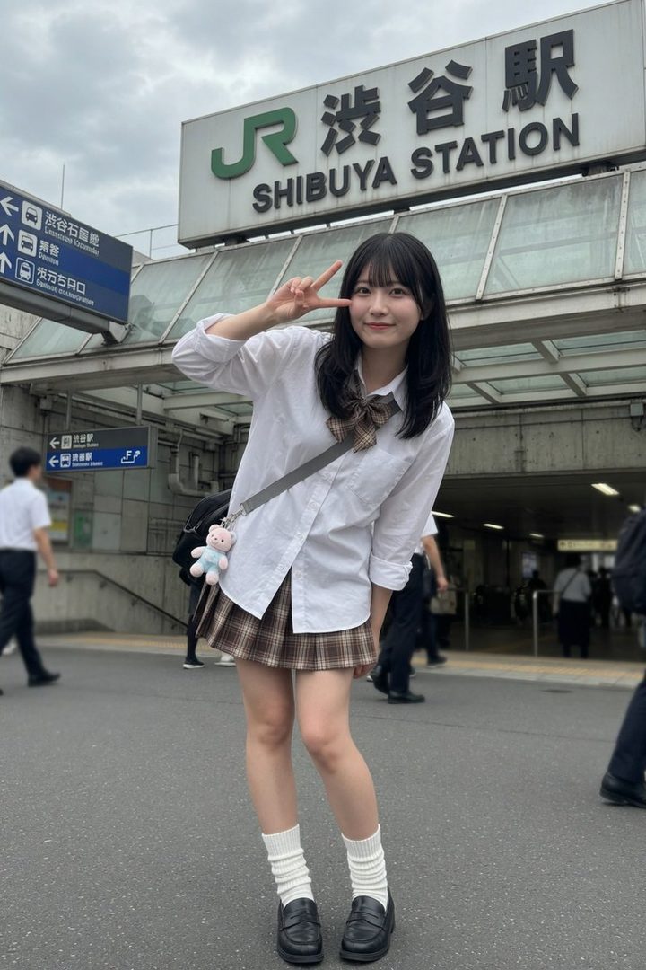 A young woman in a Japanese school uniform poses with a peace sign in front of Shibuya Station.