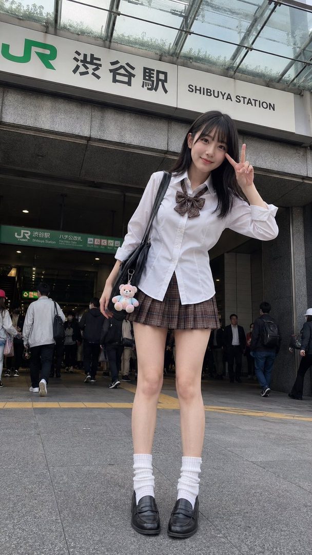 A young woman in a school uniform poses with a peace sign in front of Shibuya Station.
