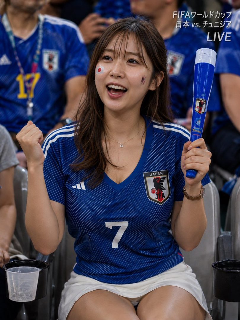 A young woman with long brown hair, wearing a blue Japan soccer jersey, cheers enthusiastically at a World Cup match.