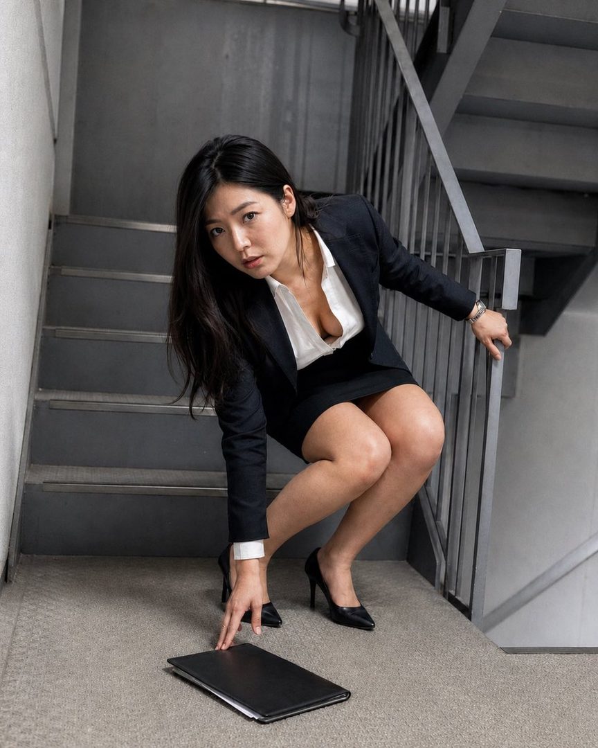 A woman in a business suit bends down on a staircase, revealing cleavage, as she reaches for a dropped folder.