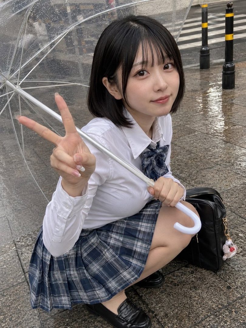 A young woman in a school uniform crouches on a wet street, holding a clear umbrella and making a peace sign.
