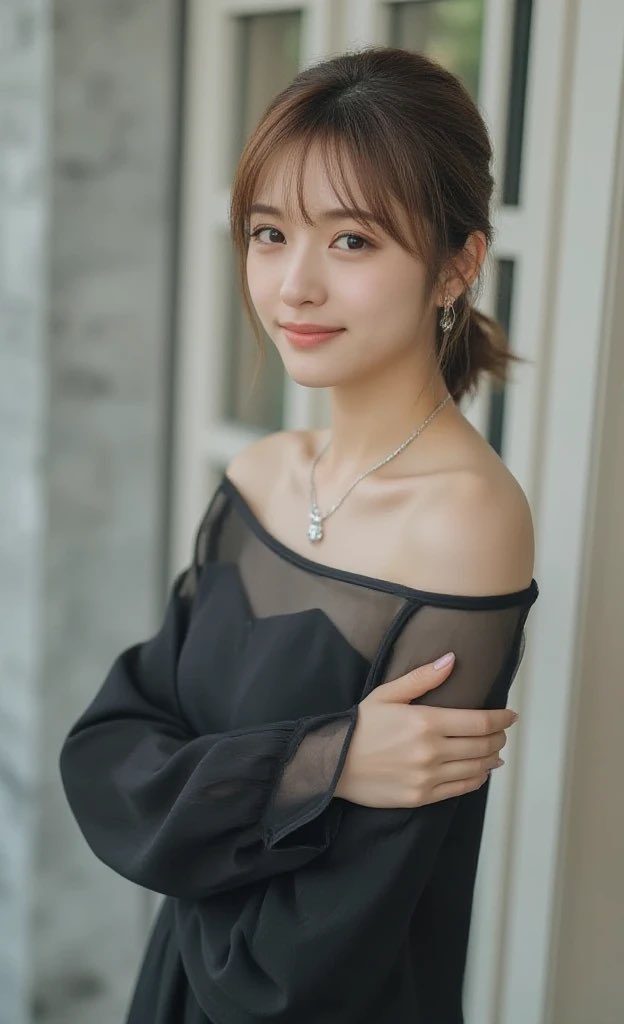 A beautiful East Asian woman with brown hair and bangs, wearing an elegant black off-the-shoulder blouse, poses indoors.
