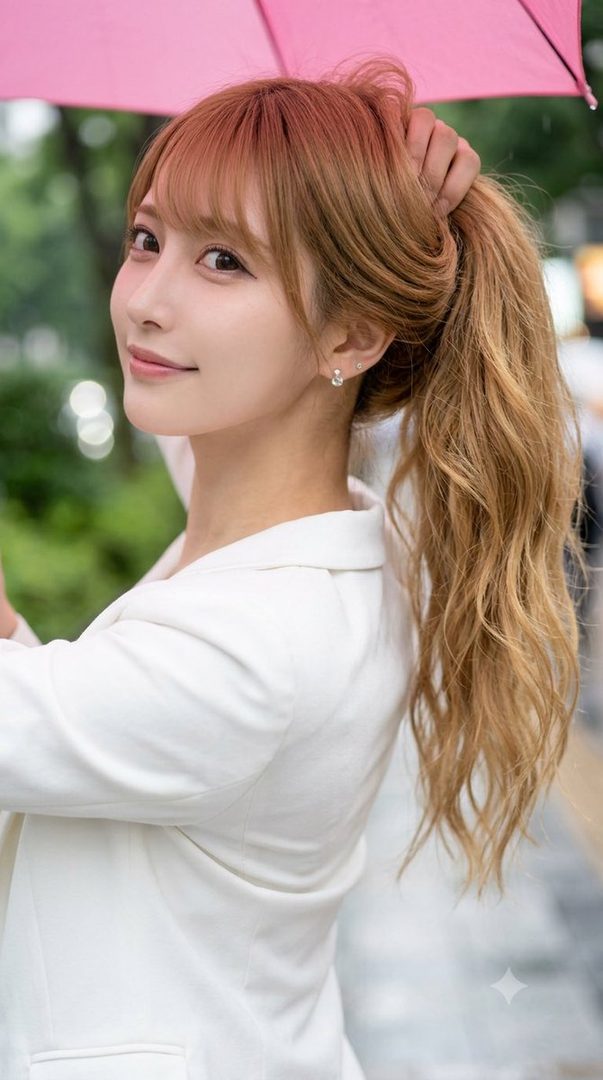 A young woman with blonde hair tied in a ponytail, wearing a white blouse and holding a pink umbrella, smiles gently outdoors on a rainy day.
