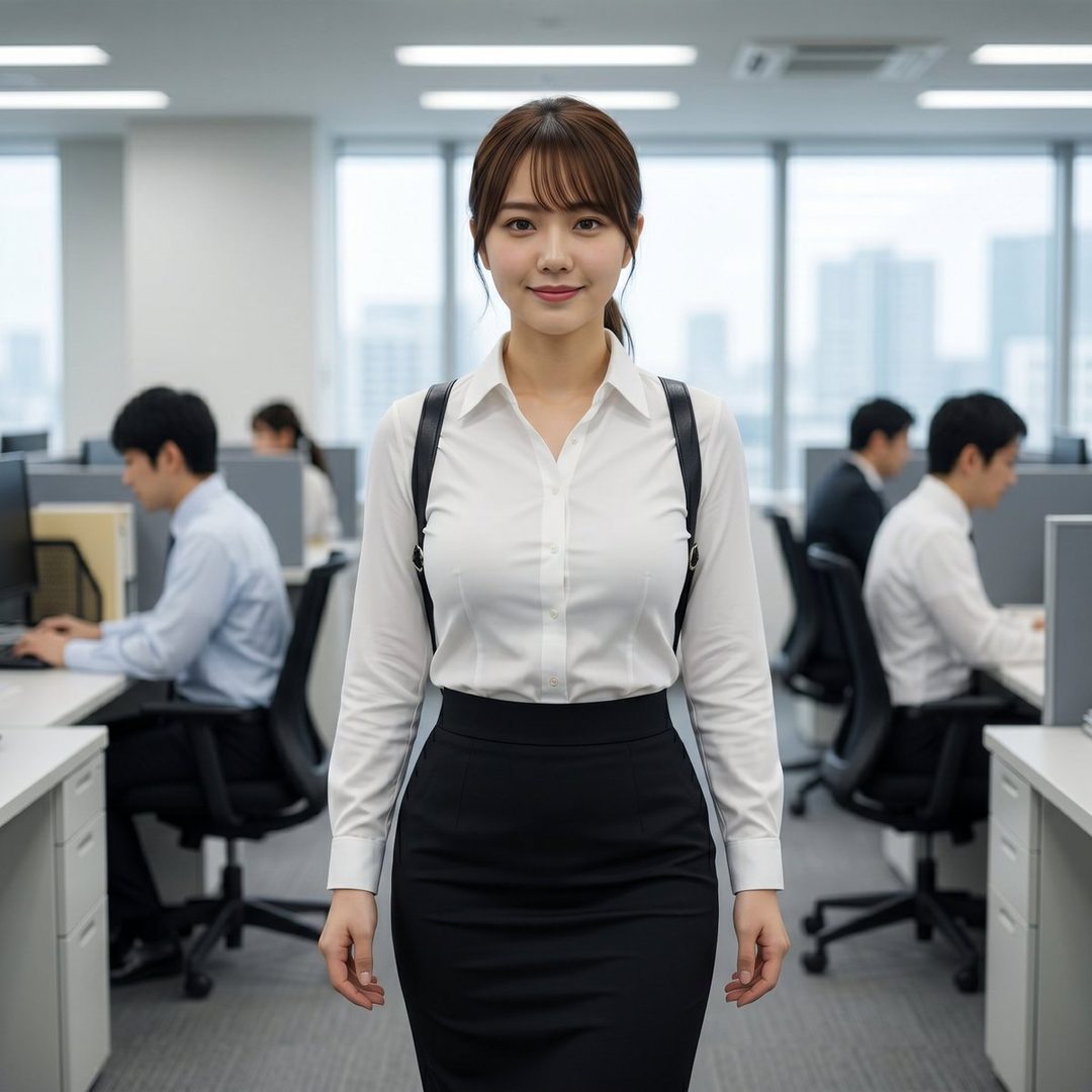A professional-looking woman with brown hair and bangs, wearing a white blouse and black skirt, stands in a modern office environment with colleagues working in the background.