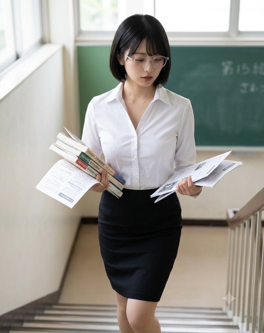 A young woman with short black hair and glasses, wearing a white blouse and black skirt, walks down a staircase in what appears to be a school or office building, holding books and papers.