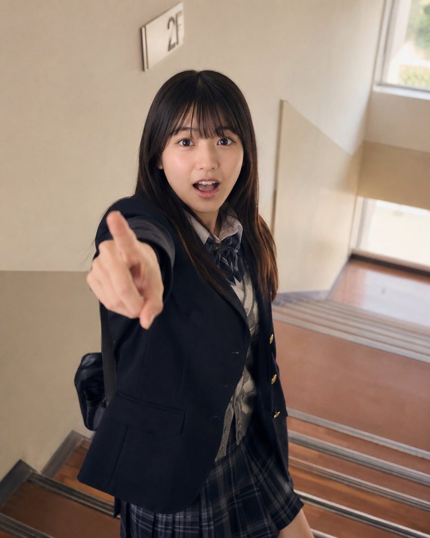 A young woman in a school uniform points directly at the viewer while standing on a staircase indoors.