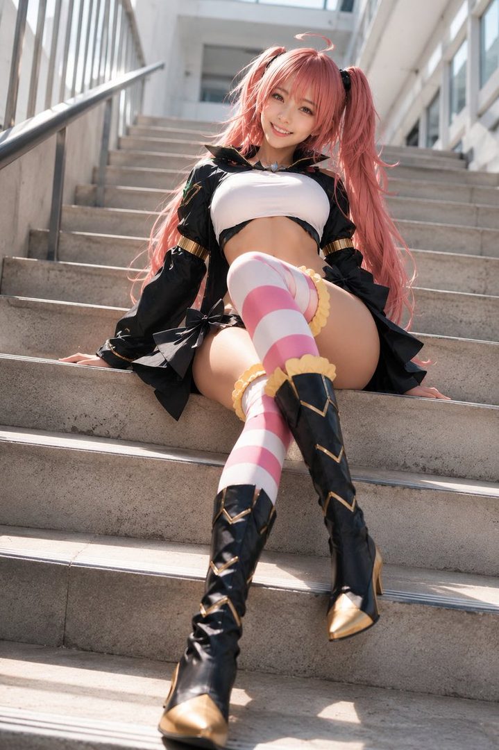 A photorealistic AI-generated image of a woman cosplaying as Milim from That Time I Got Reincarnated as a Slime, sitting on outdoor stairs with pink twintails and a revealing outfit.