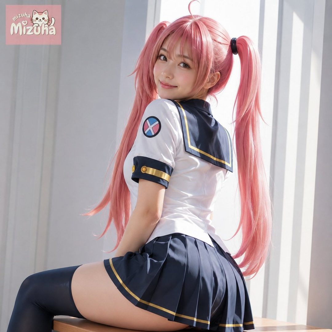 A photorealistic AI-generated image of a woman with long pink twintails, wearing a Japanese school uniform, sitting indoors and looking back at the viewer.