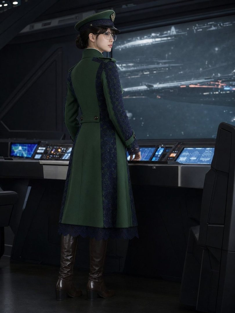 A woman in a green and blue coat and a captain's hat stands in a futuristic control room, looking out at a space scene.