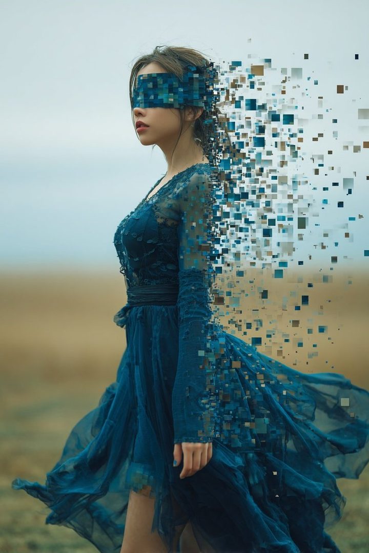 A woman in a blue dress with a pixelated blindfold and body stands in an outdoor setting.