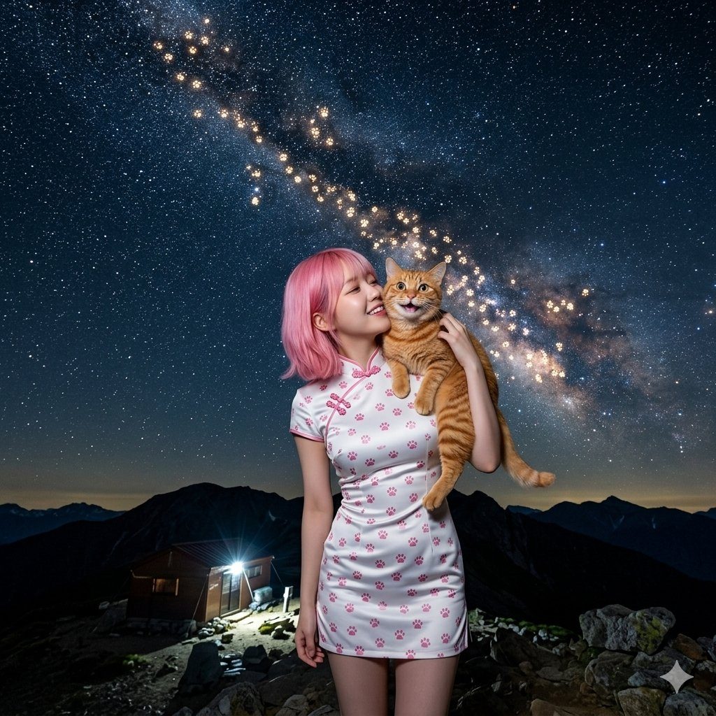 A woman with pink hair in a white dress with paw prints holds a cat under a starry night sky with a trail of paw print constellations.