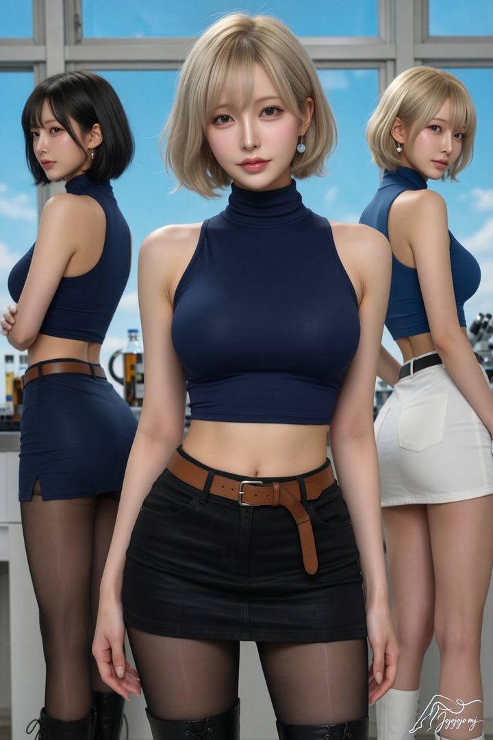 Three women in short skirts and crop tops pose indoors, with one in the foreground having blonde hair and two in the background having black and blonde hair respectively.