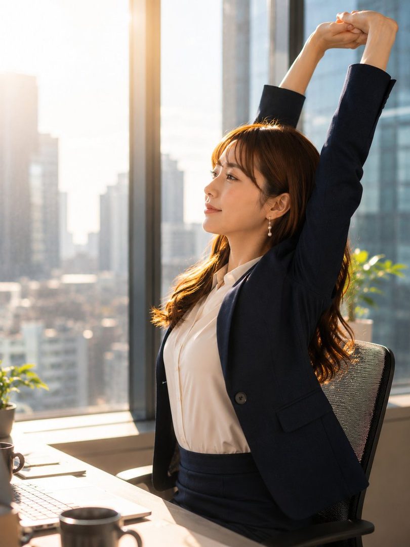 A young woman in a business suit stretches her arms above her head in a sunlit office with a city view.