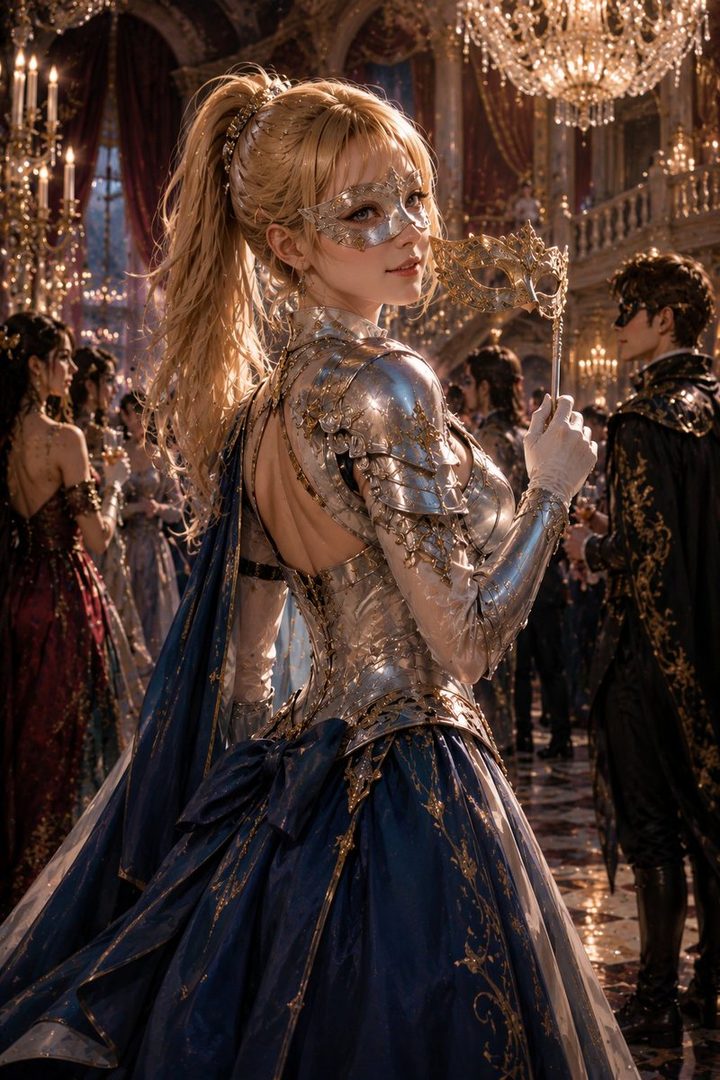 A blonde woman in a silver and blue armored gown and a masquerade mask holds another mask in a grand ballroom.